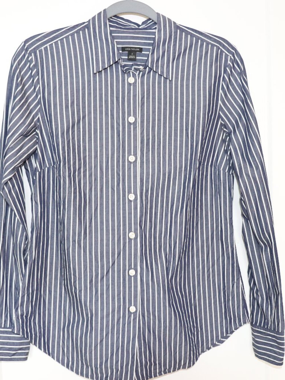 Ann Taylor Striped Button Front Shirt Navy White Size 2